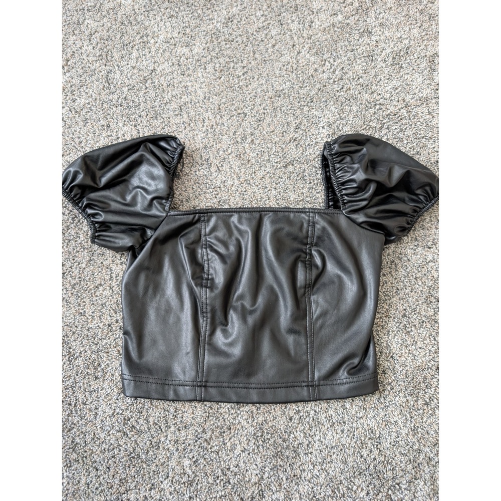 7 For All Mankind Black Faux‎ Leather Puff Sleeve Crop Top XS NWT